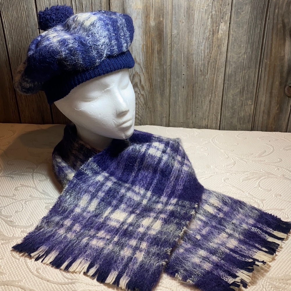 Lochcarron blue white mohair wool scarf and tan made in Scotland